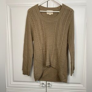 Ambiance Large Hi-Lo Scoop Neck Cable Knit Sweater in Light Brown